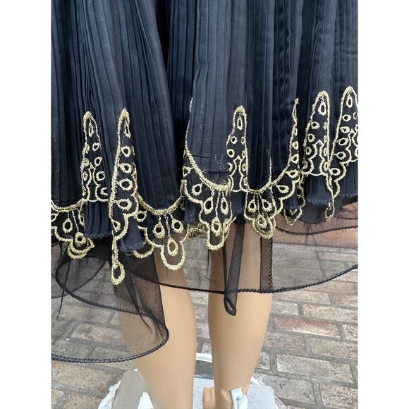 Vintage 1980's one shoulder Midi Formal Prom Dress Embroidered Gold Black Small - Picture 14 of 16